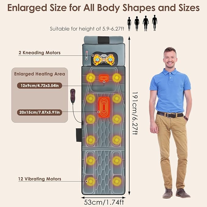 Full Body Massage Mat with Heat &amp Movable Shiatsu Neck Back Massager Pillow &amp Foot Massager Massage Mattress Pad with Top Pillow &amp Lumbar Support 12 Vibration Motors9 Massage Modes &amp