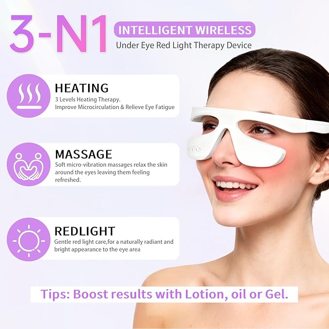 Under Eye Red Light Therapy Glasses Reducing Dark CirclesLight Therapy and HeatLight Therapy and Heat for Eye Fatigue(White &amp 3 Modes)