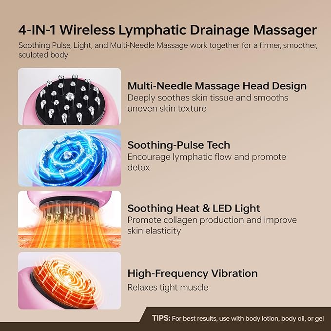 Lymphatic Drainage Massager4-in-1 Electric Body Sculpting BrushHelps Reduce Stretch Marks&ampCellulite for RelaxationMulti-Speed Anti Cellulite Massage Tool for Belly Legs Arms(Pink)