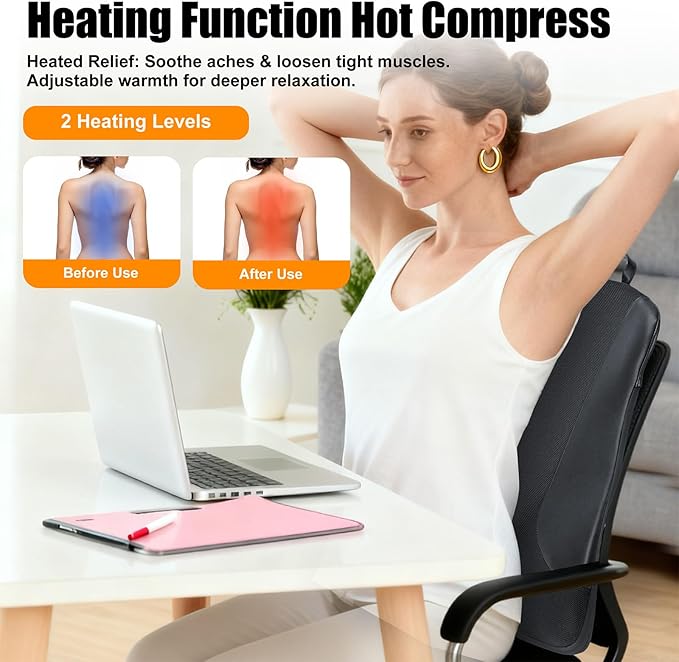 Ultrathin Back Massager for Pain Relief Deep Tissue with 4D Kneading Heating &amp Red Light Therapy Cordless Back Massager with Heat for Shoulders Gift for Home Office Car Use for Men Women