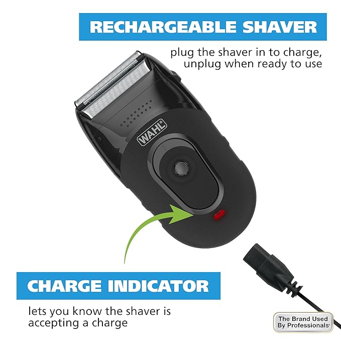 Wahl Compact Rechargeable Lithium Ion Shaver Kit with Hygienic Rinseable Foils &amp Cutter Bar with Dual Flexible Foils That Move with The Contours of Your Face - 7065