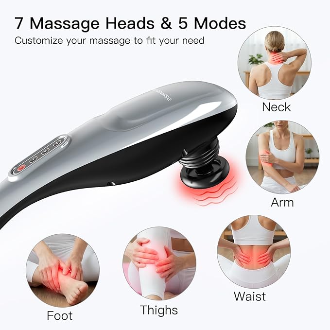 MEGAWISE Handheld Back Massager | Deep Tissue Percussion Massage for Back Neck Shoulders Waist and Legs (Silver Grey) with 6ft Power Cord Ergonomic Handle