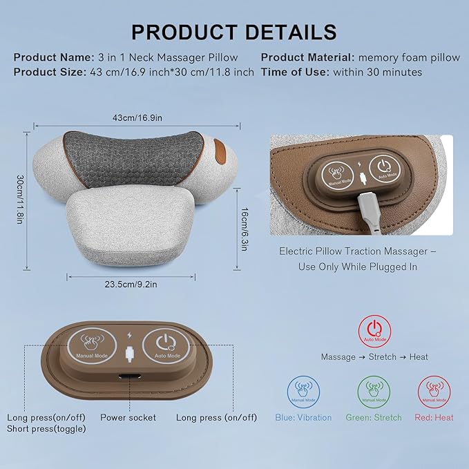 3-in-1 Neck Massager Pillow with Heat &amp Traction - Deep Tissue Relief &amp Hump Support for Neck and Shoulder Relaxation