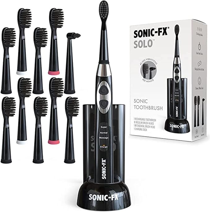 Sonic-FX Solo Electric Toothbrush w/ 10 Brush Heads + 1 Interdental Charcoal Bristles Rechargeable Charging/Storage Base 3 Brush Modes Smart Timer 2 Months Use on Full Charge Black Color