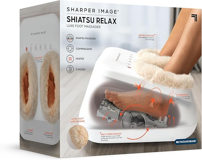 Sharper Image Shiatsu Luxe Foot Massager with Heat &amp Compression Ultra-Soft Padding Deep Kneading Massage Tool Relax Muscles Target Heels Balls &amp Arches Perfect Holiday Gift for Women &a