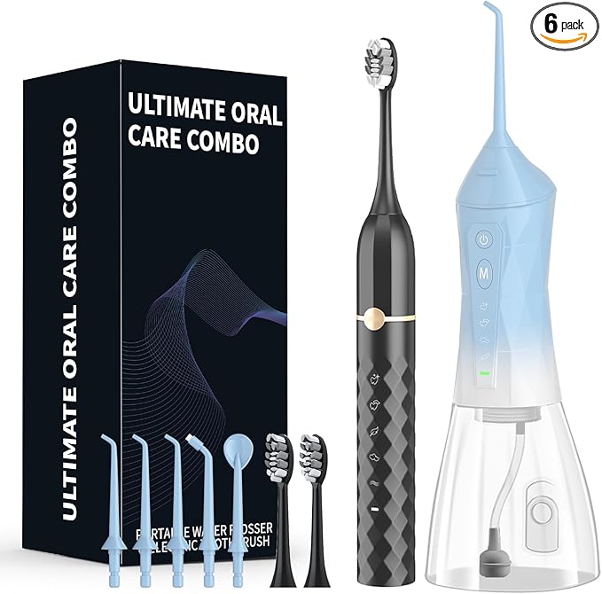 Water flosser+Electric Toothbrush Combination Set -5-Speed Sonic Electric Toothbrush 4-Speed Portable Water flosser Super Waterproof a Great Gift for Friends (Blue)