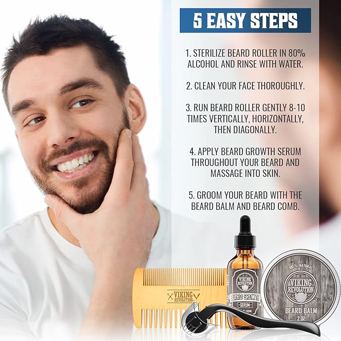 Beard Growth Kit - Oil Balm Serum Derma Roller &amp Wooden Comb for Beard &amp Mustache Growth