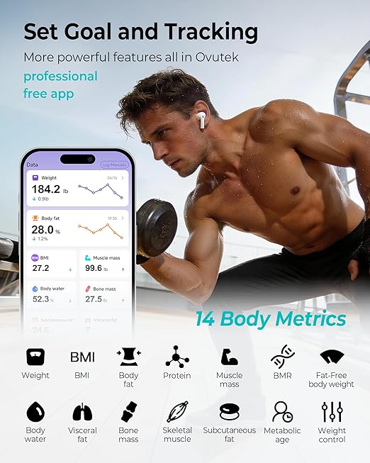 Ovutek Smart Body Fat Scale High Accurate Digital Bathroom Scale with 13 Body Composition Metrics Including BMI Muscle Mass Most Accurate to 0.05lb with Fitness App White
