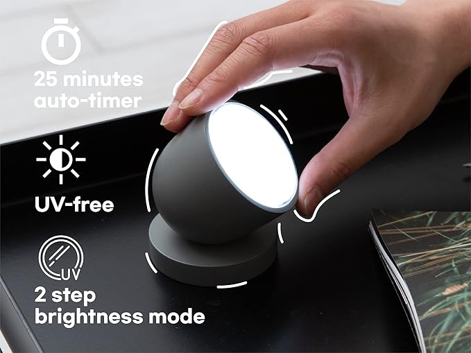 Olly Light Therapy Lamp - UV-Free LED Sunlight Lamp with 140g Compact Size Rechargeable 2step Brightness Mode 25minutes Automatic Timer - Daily Sunlight to Sleep Well (Solid Gray)
