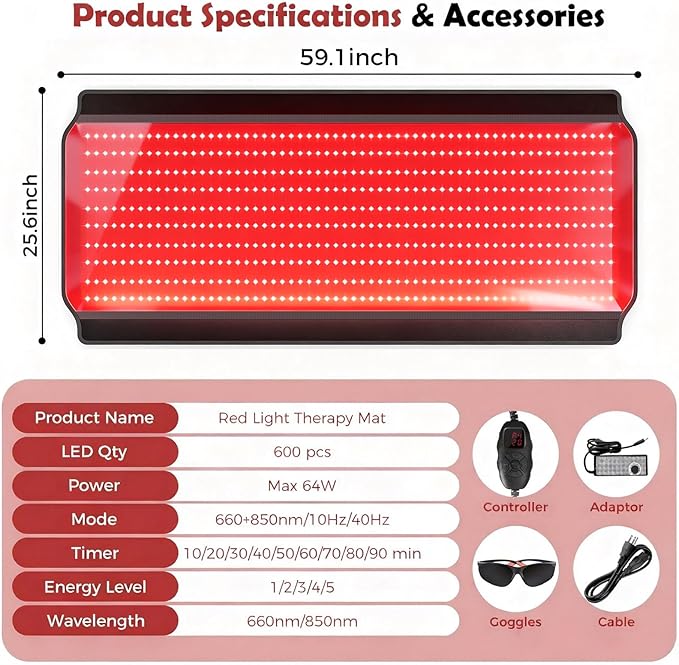 Full Body Red Light Therapy Mat 59.1*25.6 Whole Red Light Therapy Pad for Body with 660nm &amp 850nm 600 LEDs redlight Blanket with Adjustable Timer &amp Intensity Gifts for Women Men and Pet