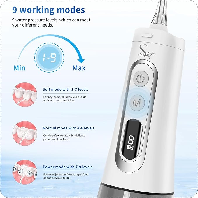 Sadat Cordless Water Dental Flosser – 9 Modes LED Screen 300ML Portable Oral Irrigator Rechargeable &amp IPX7 Waterproof Teeth Cleaning Picks for Home &amp Travel White