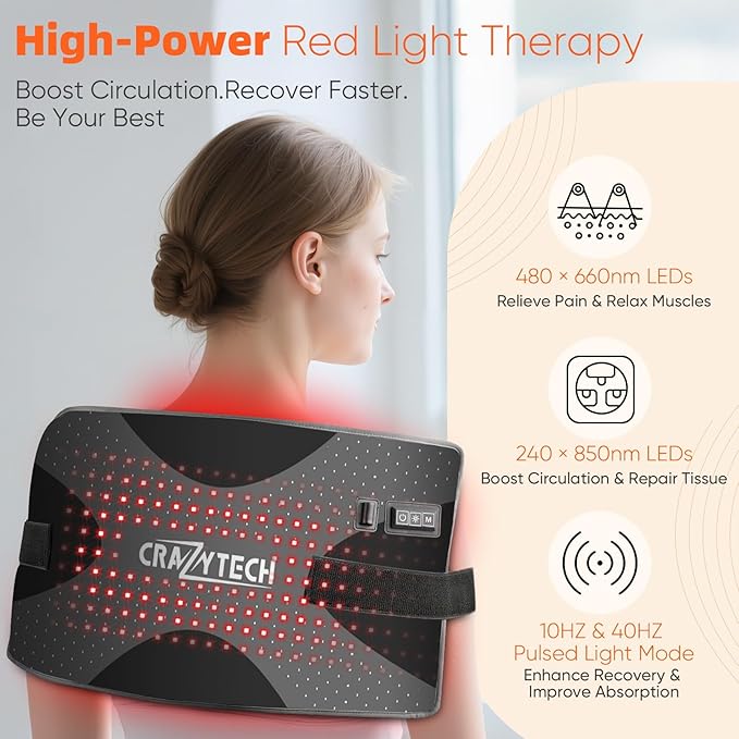 CRAZYTECH Red Light Therapy Pad for Body 24x12 Large 48W High Power Infrared Heating Blanket with 240 LEDs Near Infrared Mat Wrap for Back Shoulder Knee &amp Dogs 5 Levels 3 Modes