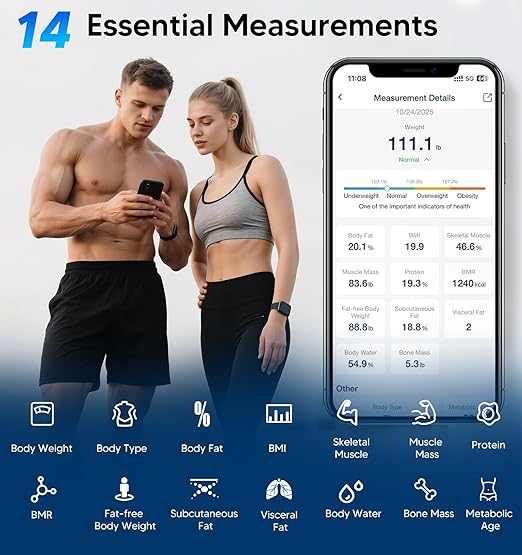 GE Smart Scale for Body Weight BMI Fat Muscle Mass with 14 Body Composition Metrics &amp All-in-one LCD Display Digital Bathroom Weight Monitor Bluetooth with App Accurate Weighing Machine 400lb Wh