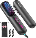 Cordless Hair Straightener Brush for TravelMini Hair Straightener Comb with Negative IonPortable hot Brush Hair Straightener for Women Rechargeable 9600mAh Battery Anti-Scald12 Temp-Setting(Grey)