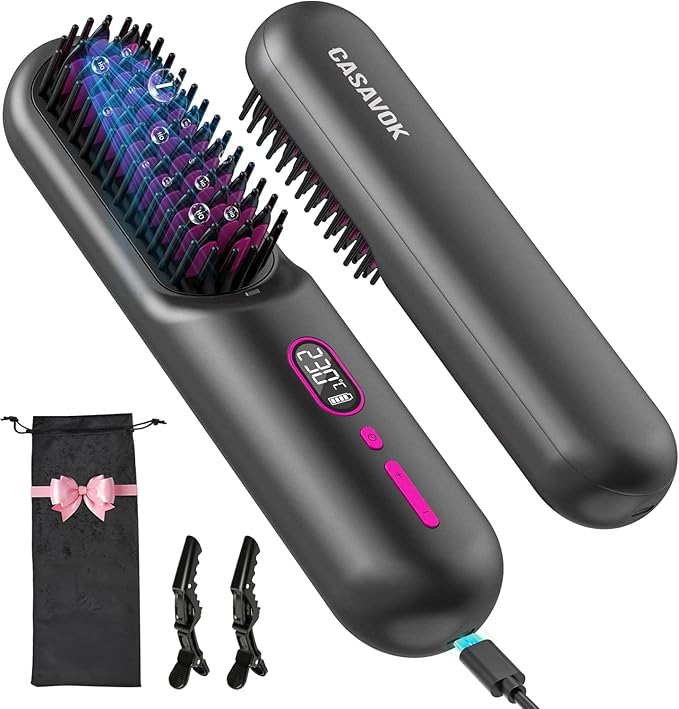 Cordless Hair Straightener Brush for TravelMini Hair Straightener Comb with Negative IonPortable hot Brush Hair Straightener for Women Rechargeable 9600mAh Battery Anti-Scald12 Temp-Setting(Grey)