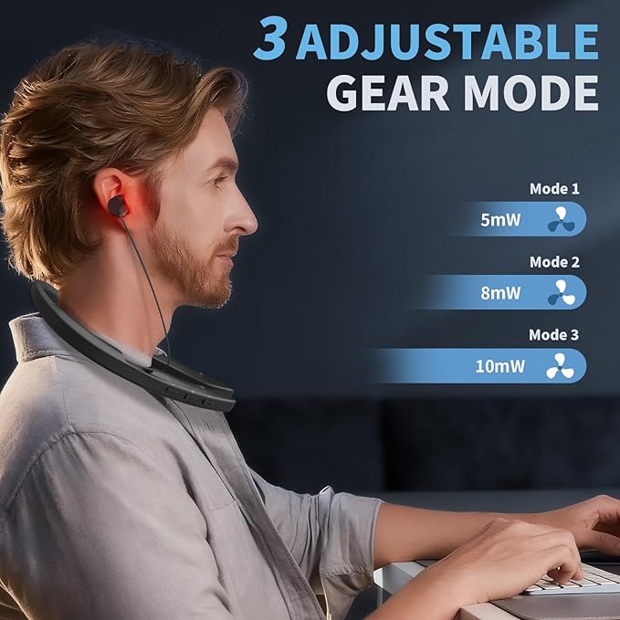 Red Light for Ears Portable Ear Wellness Device Wearable Red Light Device Neckband Design with Adjustable Earbud Cord Featuring 3-Level Adjustment
