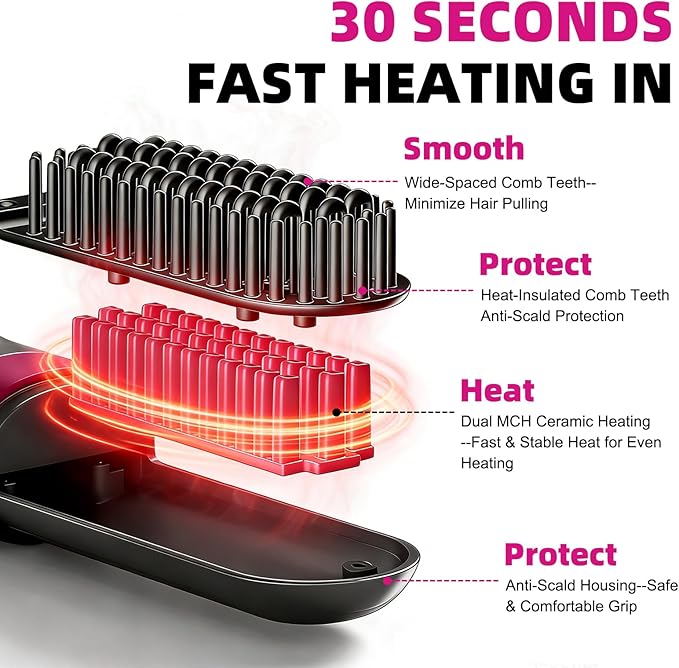 Cordless Hair Straightener Brush - Portable Fast-Heating Styling Tool with Protective Dust Cover - 3 Temperature Settings 300 Million Negative Ions for Frizz-Free Styling On-the-Go &amp Travel Use