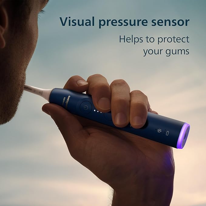 Philips Sonicare 6500 Series Electric Toothbrush - Next-Generation Sonicare Technology Pressure Sensor 9 Brushing Settings SmarTimer BrushPacer 21-Day Runtime Travel Case Navy Blue HX7413/07