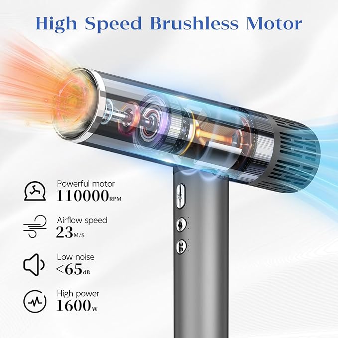 1600W professional ionic hair dryer with 3 attachments 110000RPM high-speed brushless motor for fast drying Lightweight low-noise with locking function 4 temperature and 3 speed settings