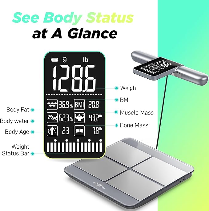 RunStar Scale for Body Weight and Fat Percentage 8-Electrodes Precision Digital Smart Scale for BMI 28 Body Composition Measurement Silver Bathroom Smart Scales with Large Display