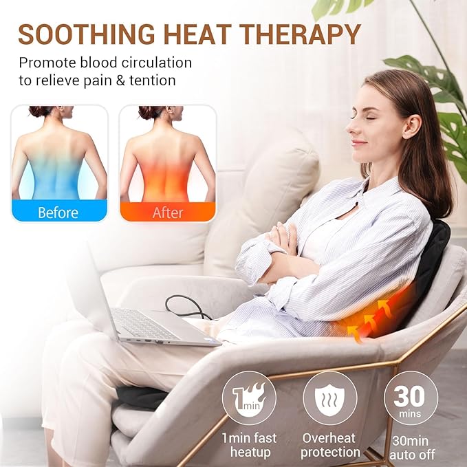 Back Massager with HeatHeated Seat Cover Cushion with 5 Vibrating Massage Nodes Chair Pad for Pain Relief Home Office Use