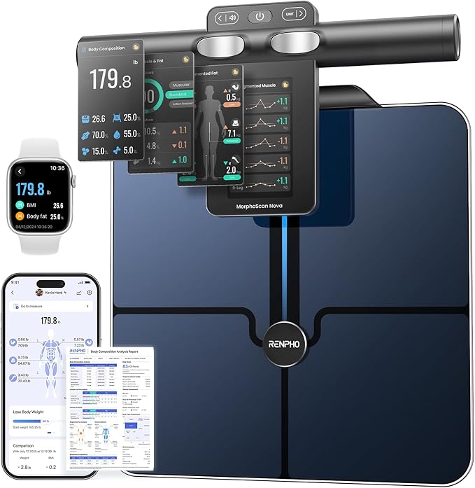 RENPHO Smart Scale for Body Weight 8-Electrode Body Composition Scale with BMI Body Fat Muscle Mass Rechargeable Body Fat Scale with Full-Color TFT LCD on Handle MorphoScan Nova Dark Blue