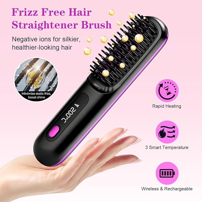 Go Brush Pro Cordless Hair Straightener Brush Portable Straightener Brushs for Travel Fast Heating Cordless Mini Hair Brushs with LED Display 3 Adjustable Temperatures Purple