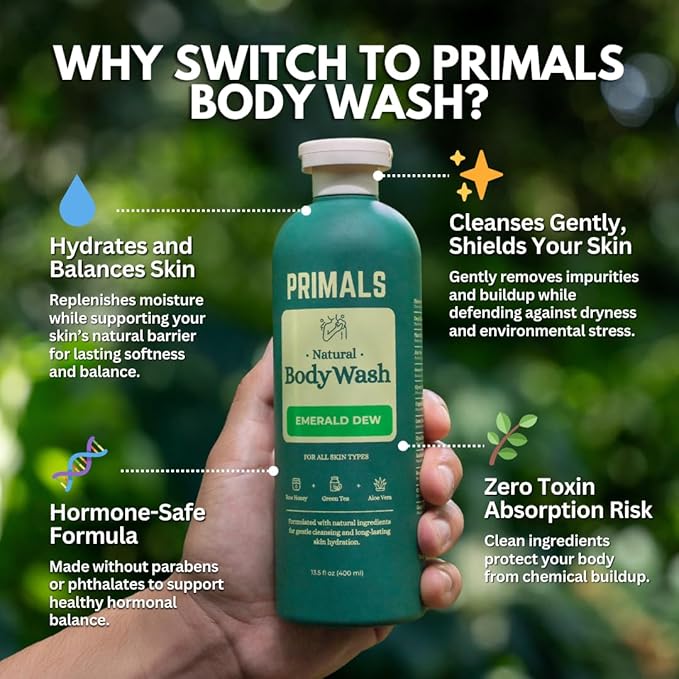 PRIMALS Natural Body Wash - Aloe Vera Raw Honey Green Tea - Natural Ingredients - Zero Artificial Fragrances Sulfates Parabens or Dyes - 13.5 Fl Oz