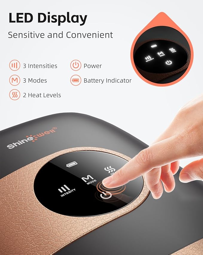 SHINE WELL Hand Massager for Arthritis and Carpal Tunnel Hand Massager with Heat and Compression3 Modes 3 Intensities 2 Heat Levels Finger Massager Device for Men Women