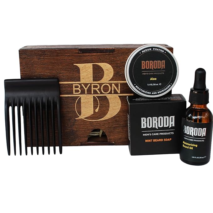 Personalized Wooden Beard Gift Set – Custom Engraved Beard Comb Oil Balm &amp Soap in Personalized Box. Premium Grooming Kit for Men – Perfect Gift for Fathers Husbands &amp Bearded Friends (BONE