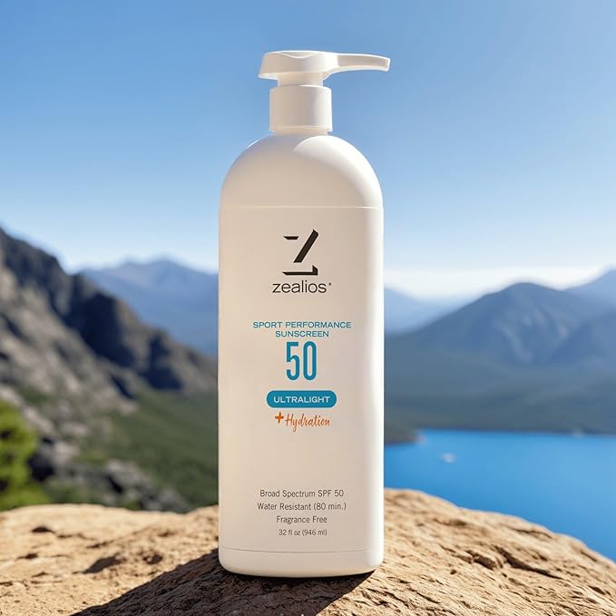 Zealios Sport Performance Ultralight SPF 50 Sunscreen +Hydration 32 oz Bottle Plus 2 oz Travel Bottle Broad Spectrum Water &amp Sweat Resistant (80 min) Non-Greasy for Swimming Running &amp Cyc