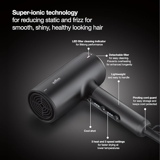 Braun Hair Dryer with Diffuser Blow Dryer with Super-Ionic Technology Reduces Static and Frizz for Smooth Shiny Healthy Looking Hair