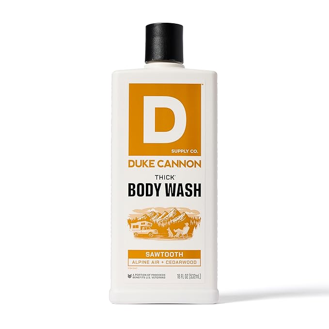Duke Cannon Supply Co. Thick High Viscosity Body Wash - 3X Thicker Plant-Based Body Wash for Men with Lasting Scent - Mens Body Scrub - Sawtooth Midnight Swim &amp Bourbon (18oz)