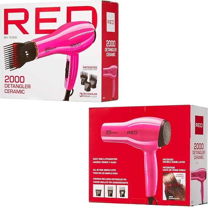 RED by KISS 2000 Ceramic Hair Dryer Professional Salon Blow Dryer 2 Detangler Pik Attachments Tourmaline Technology 3 Heat Settings Easy Storage Loop (Pink)