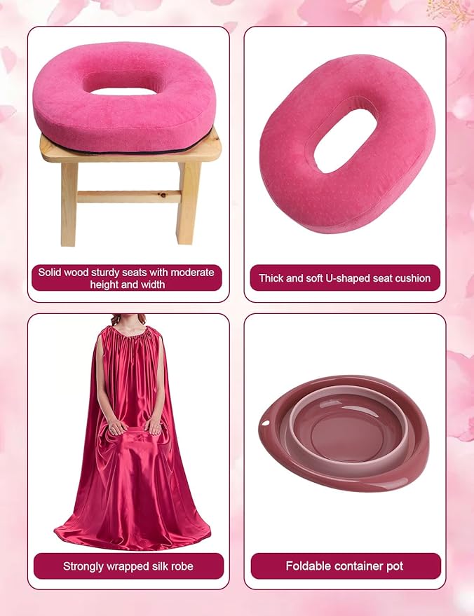 Steaming Seat Kit for Women | Wooden Stool with Silk Gown &amp Cushion Herbal Sitz Bath Blend &amp Basin for Feminine Carefor Pelvic Comfort &amp Postpartum Recovery