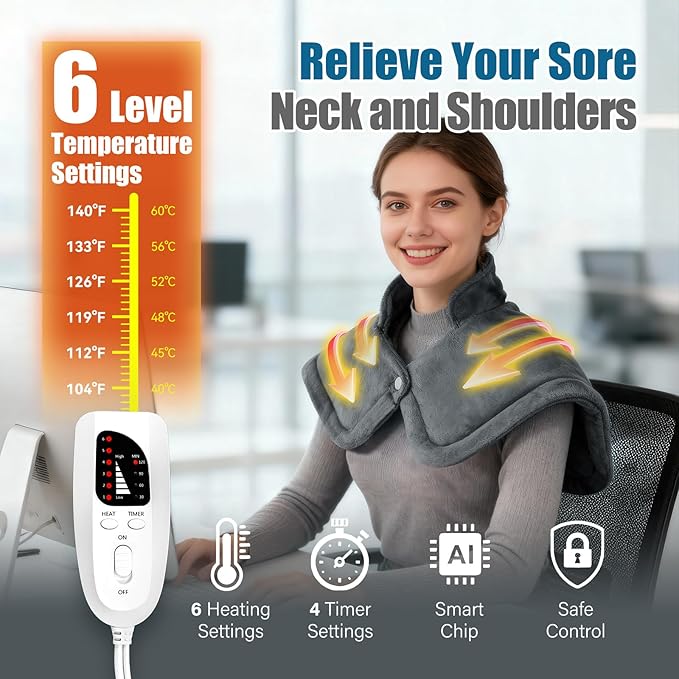 Weighted Heating Pad for Neck &amp Shoulders - 6 Heat Settings 4 Timers Auto Off - Electric Heating Pad for Back Pain Relief - Gift for Women/Men Mom/Dad Birthday Christmas