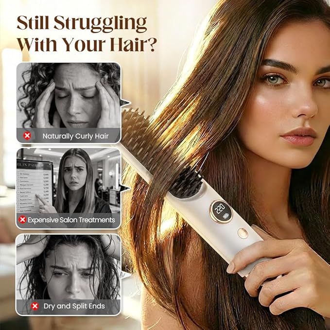 Cordless Hair Straightener Brush for Travel Portable 2-in-1 Straightening Brush with 9 Heat Settings Fast Heating Rechargeable Flat Iron Gift for Women (Blue)