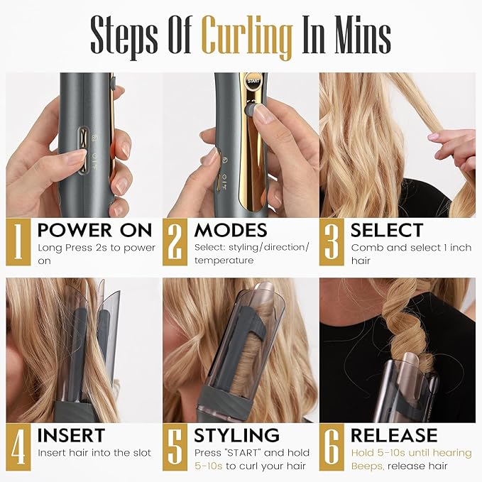 ZAVAREA Automatic Rotating Curling Iron for Long Hair - 1 Inch Curling Wand for Beach Waves &amp Loose Curls Easy Hair Curler for Beginners Anti-Scald &amp Frizz-Free Dual Voltage for Travel
