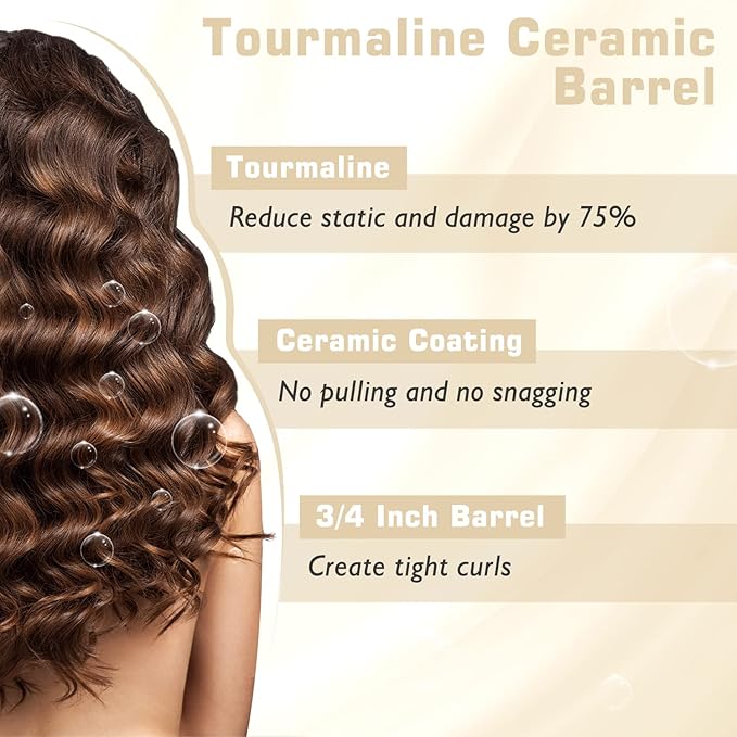 3/4 Inch Curling Iron for Short Hair Dual Voltage Hair Curling Iron Ceramic Professiona Curling Wand Tourmaline(Champagne Gold)