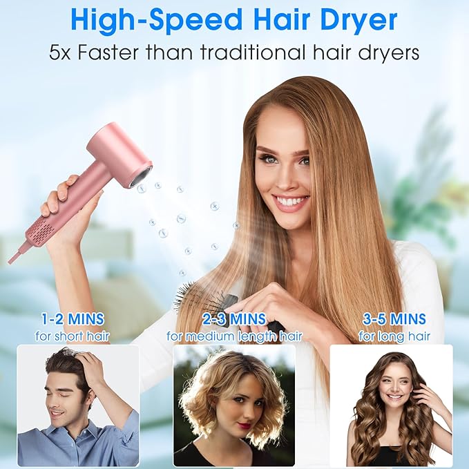 Hair Dryer 1500W High Speed 110000 RPM Blow Dryer with Plasma Tech (Positive+Negative Ionic) LCD Display 5 Modes Thermo-Control Low Noise Fast Drying Hair Dryer for Home or Travel (Rose Gold)