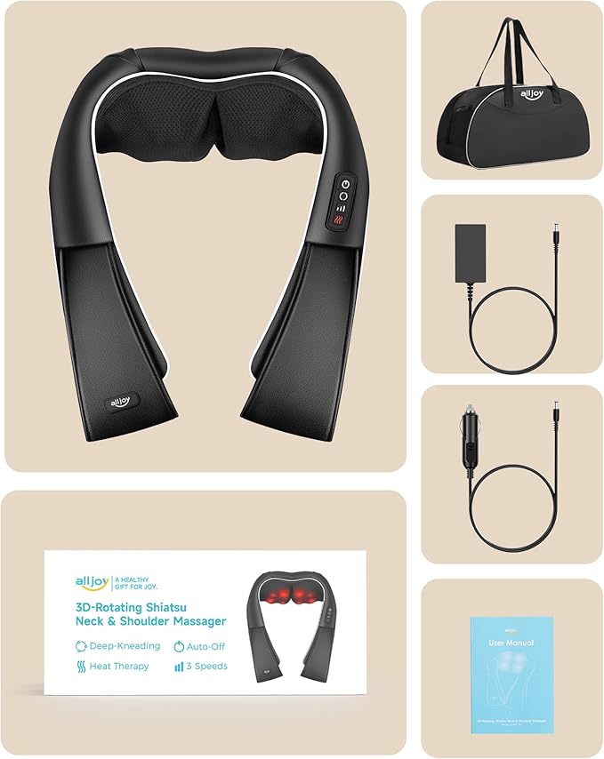 ALLJOY Shiatsu Neck and Back Massager with Heat Deep Tissue Kneading Electric Massager for Shoulder Lumbar and Leg Pain Relief Self-Care Wellness Gifts for Women Men Mom Dad