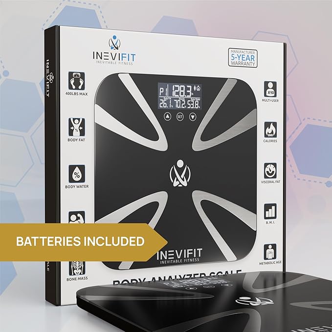 INEVIFIT Body Fat Scale Highly Accurate Digital Bathroom Body Composition Analyzer Measures Weight Body Fat Water Muscle BMI Visceral Levels &amp Bone Mass for 10 Users. Includes Batteries.