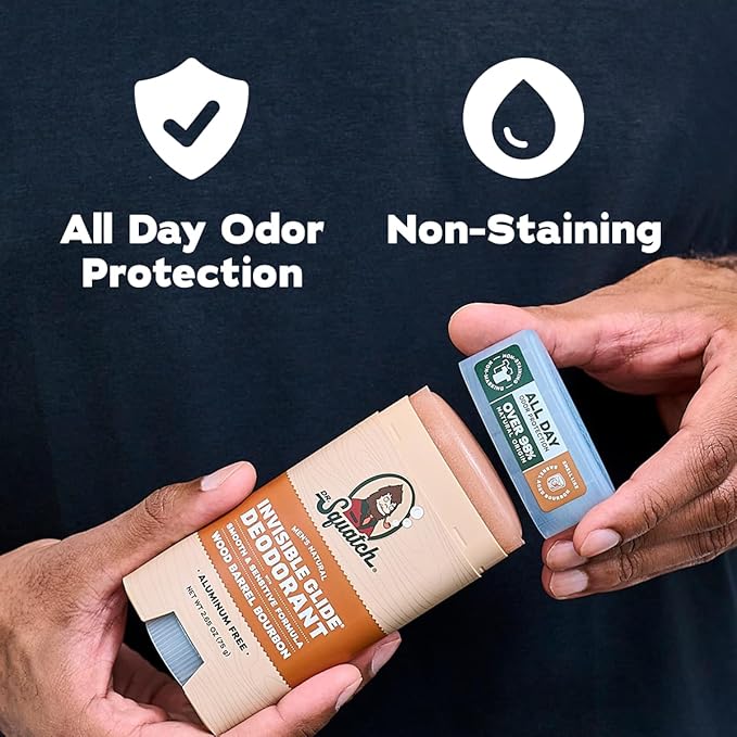 Dr. Squatch Invisible Glide Natural Men’s Deodorant – Smooth Glide No Stains – Aluminum Free Deodorant Men – Safe for Sensitive Skin – Wood Barrel Bourbon + Rainforest Rapids 2.65oz (2-Pack)