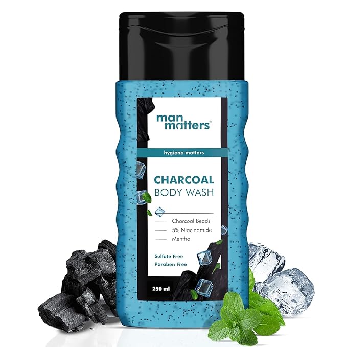 Manm Matters 3 in 1 Action Charcoal and Menthol Body Wash | With Menthol 5% Niacinamide &amp Activated Charcoal Beads | For Instant Cooling Odor Protection &amp Improves Skin texture | 250ml