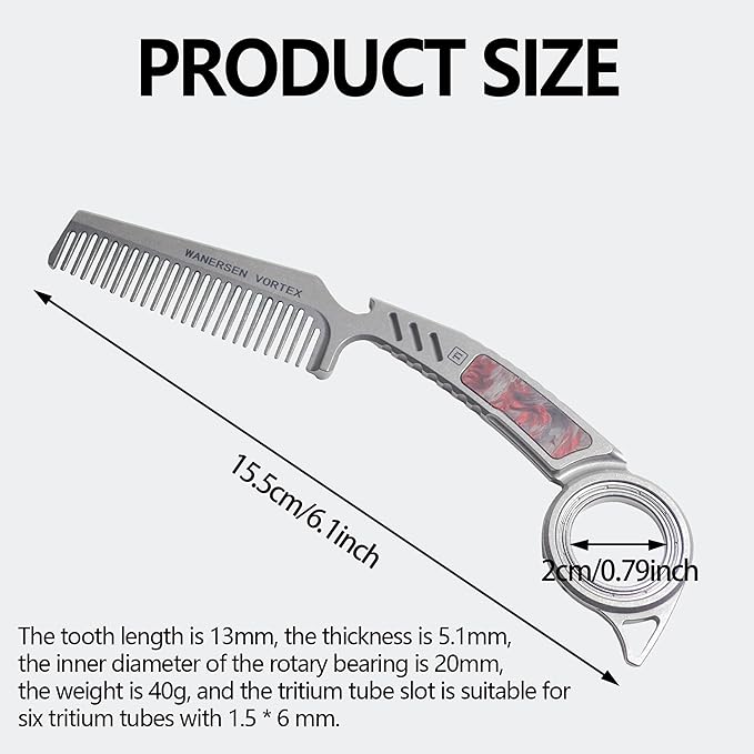 Titanium Comb with Fidget Ring EDC Grooming Tool for Men Mustache Comb Can DIY Tritium Tubes(Not included)