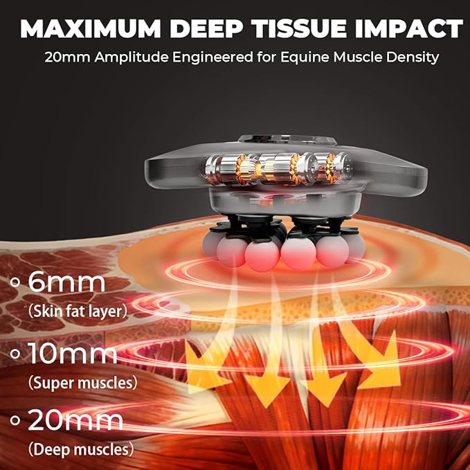Equine Recovery Pro 18-Head Massage Gun – Deep Tissue Percussion Massager for Horses 20mm Amplitude Dual Red Light &amp Heat Therapy Ultra-Quiet 20-30dB Enhances Flexibility &amp Wellness