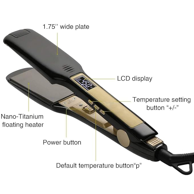 WALLER PAA Flat Iron 1.75 Inch Titanium Plates Pro Hair Straightener Heats Up Fast Adjustable Heat Settings Auto Shut-Off Digital Display Dual Voltage Instant Heat Temperature Display Travel Lo