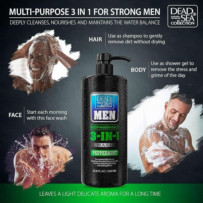 Dead Sea Collection Peppermint Men’s Body Wash – 3 in 1 Body Wash for Men for Hair Face &amp Body – Moisturizing Shower Gel with Dead Sea Minerals – Pack of 2 (33.8 fl oz each)
