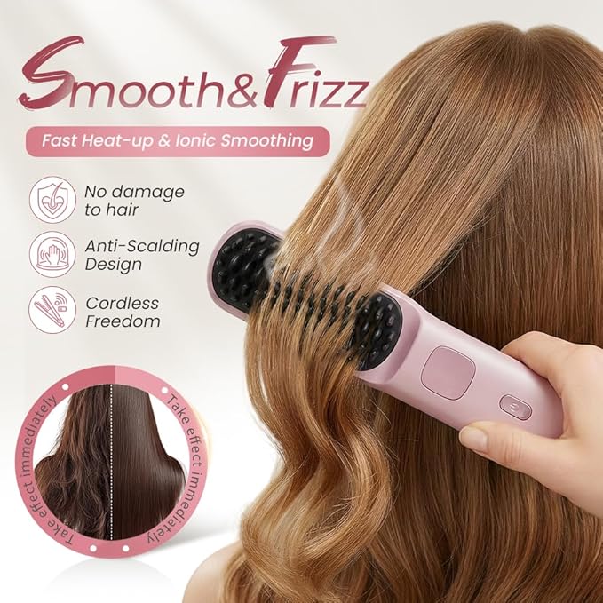 2026 New Go Brush for Short Hair Portable Hair Straightener Cordless Travel Straightening Hair Comb with 4 Temperature Settings Fast Heating Ceramic Brush for Home Use (Black)