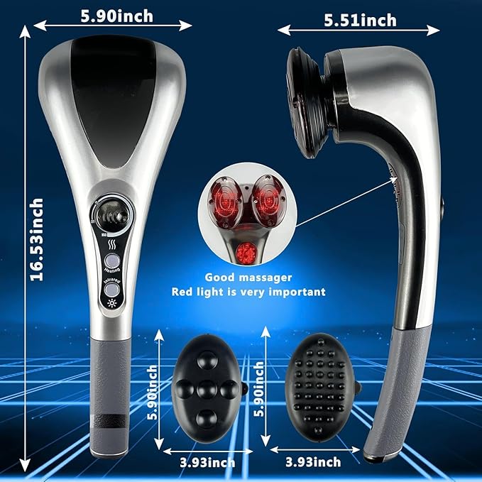 Dual Head Handheld Percussion Massager with Heat Electric Deep Tissue Back Massager for Neck Shoulder Back Leg &amp Full-Body Muscle Relief Ideal Gift for Parents